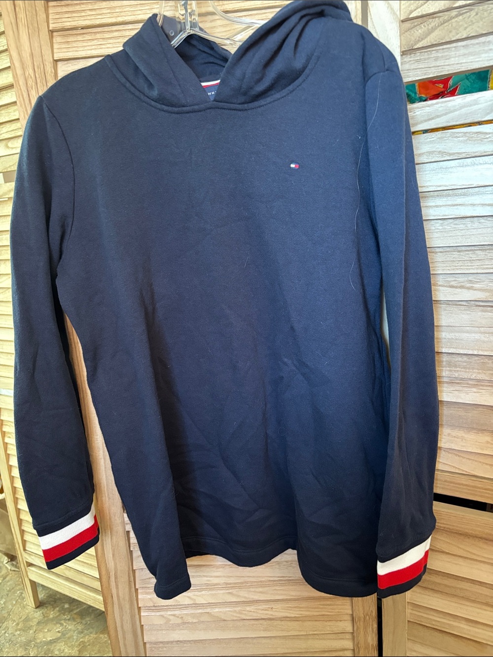 Tommy Hilfiger Dark Blue Hooded Sweatshirt with Red & White Cuff Stripes Medium